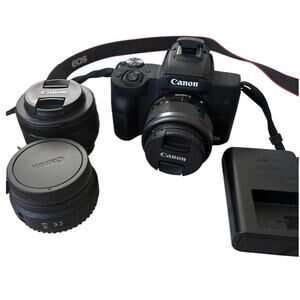 Canon EOS M50 Mirrorless Camera 15-45mm Lens + 50mm f1.8 STM Bundle W Case Black